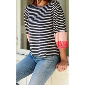 Mododoc Los Angeles Blue & White Striped Boho Color Block Sleeve Top Sz Large